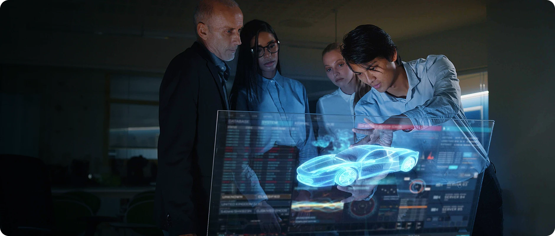 Team reviewing data on a holographic display