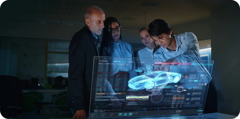 Team reviewing data on a holographic display