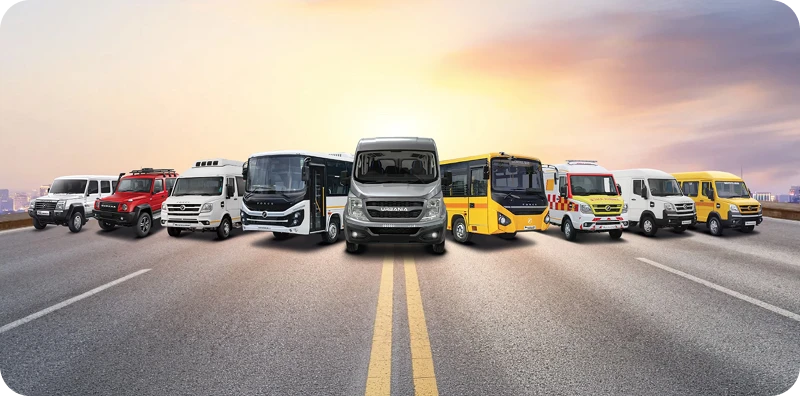 Range of commercial vehicles and buses on a road